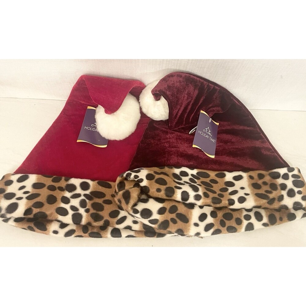 (2) Lot NWT Leopard Trim Christmas Santa Hat Red Velour Animal Print Felt Lining